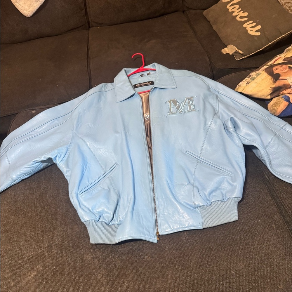 Pelle Pelle Sky Blue Leather Jacket with Embroidery